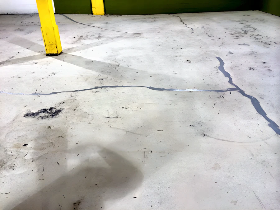 The bare warehouse slab at the Adventure Den dog daycare in Vancouver with its cracks filled before coating