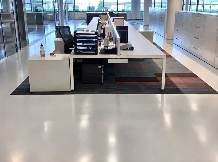 White urethane office floor with carpet inset under a run of desks, Aritzia head office