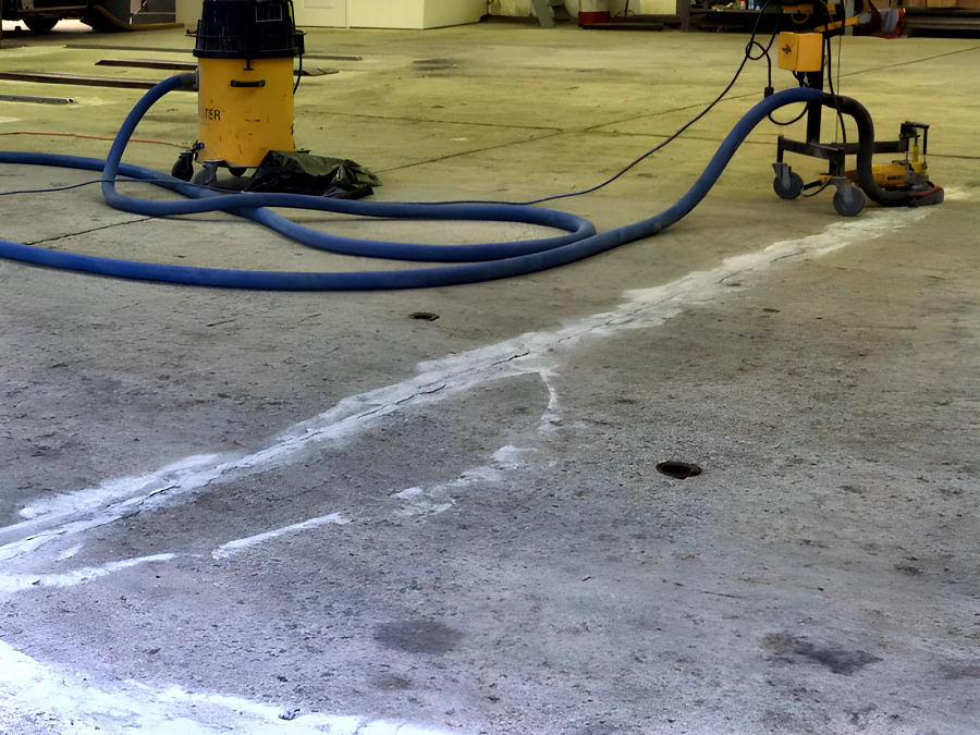 Auto body shop floor on Main Street, Vancouver, before coating: cracks ground out, a dust extraction vacuum and the frame-machine rails in the floor