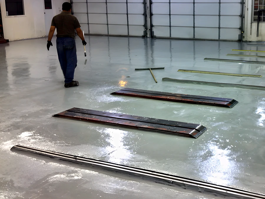 Installers rolling out the new light grey floor coating around the frame-machine rails in a Main Street auto body shop, Vancouver