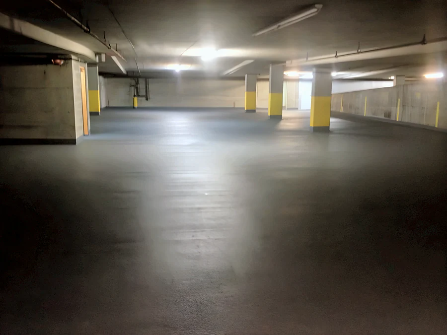 The length of a parking level in Kelmar FWC III at the Beach Avenue apartments parkade, Vancouver
