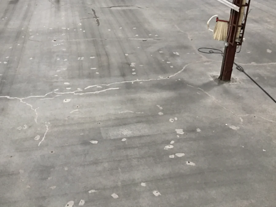 The same warehouse slab shot blasted, its cracks and holes filled, ready for an epoxy and urethane coating