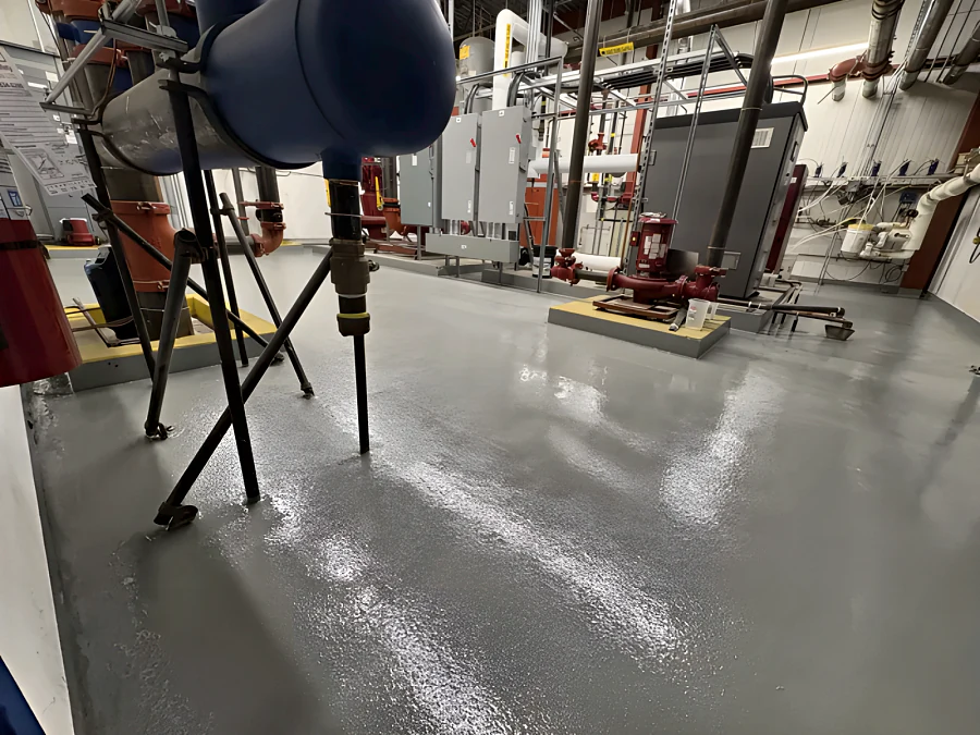 Close view of the broadcast-textured traffic coating in the Canadian Tire mechanical room, terminated around pipe supports and up the face of a plinth