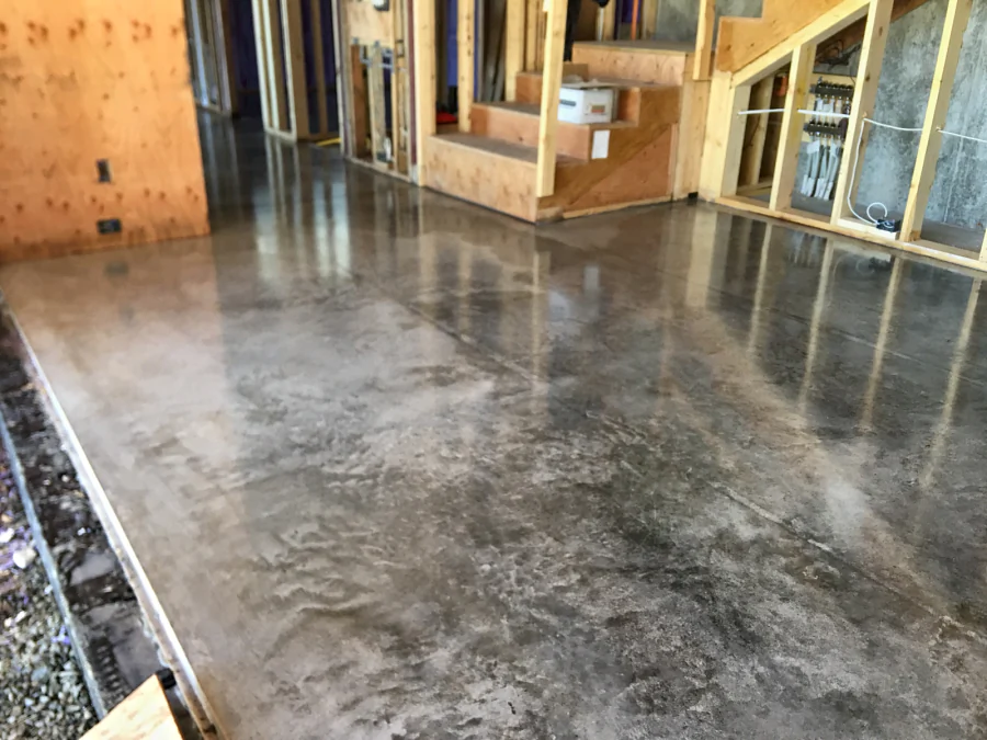 The finished cream polish, up to 3,000 grit, running to the stair of a framed-out interior