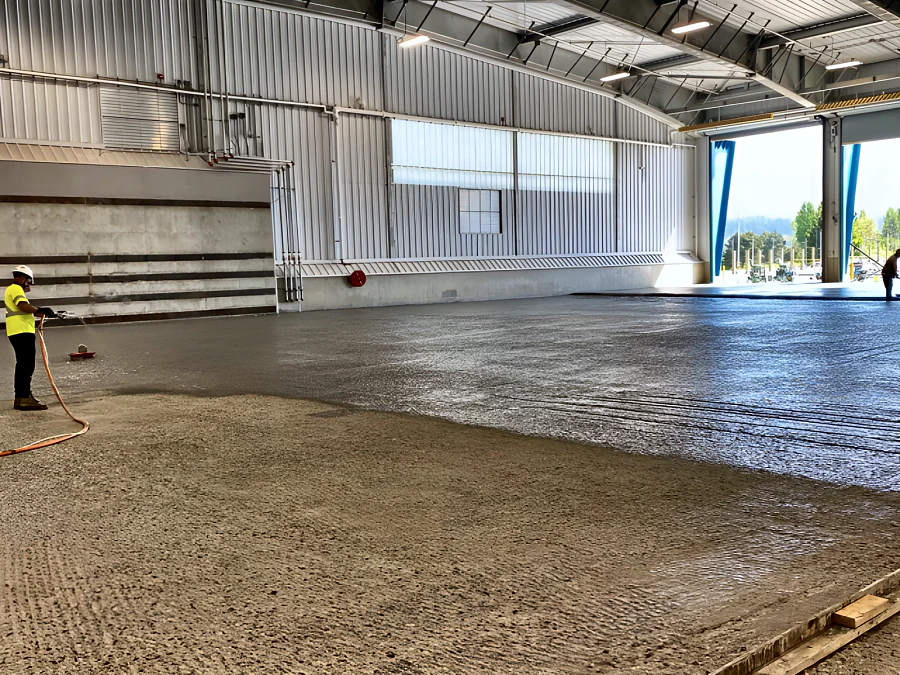 Mapei Planibond EBA bonding agent across the broom-textured slab of the new Coquitlam transfer station