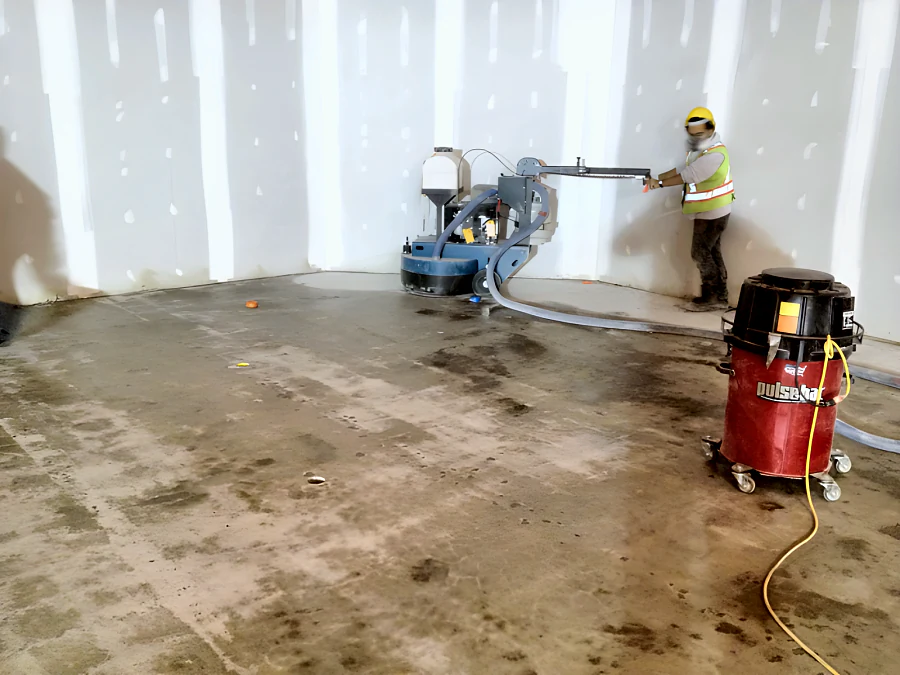 Diamond grinding the concrete slab at Fresh St. Market in West Vancouver, with the dust extractor alongside, before polishing