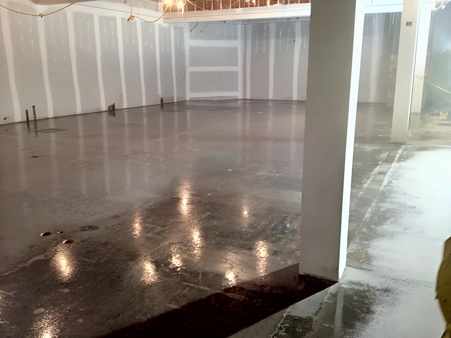 Polished concrete sales floor at Fresh St. Market on Marine Drive, West Vancouver, around a column before the fit-out