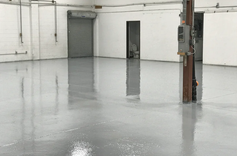 The same Grandview commercial space finished in a high-gloss grey epoxy, to the roll-up door and round the steel column