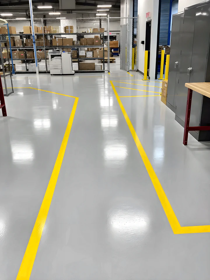 Grey resinous floor with yellow aisle line marking in the MTU Canada parts and service area