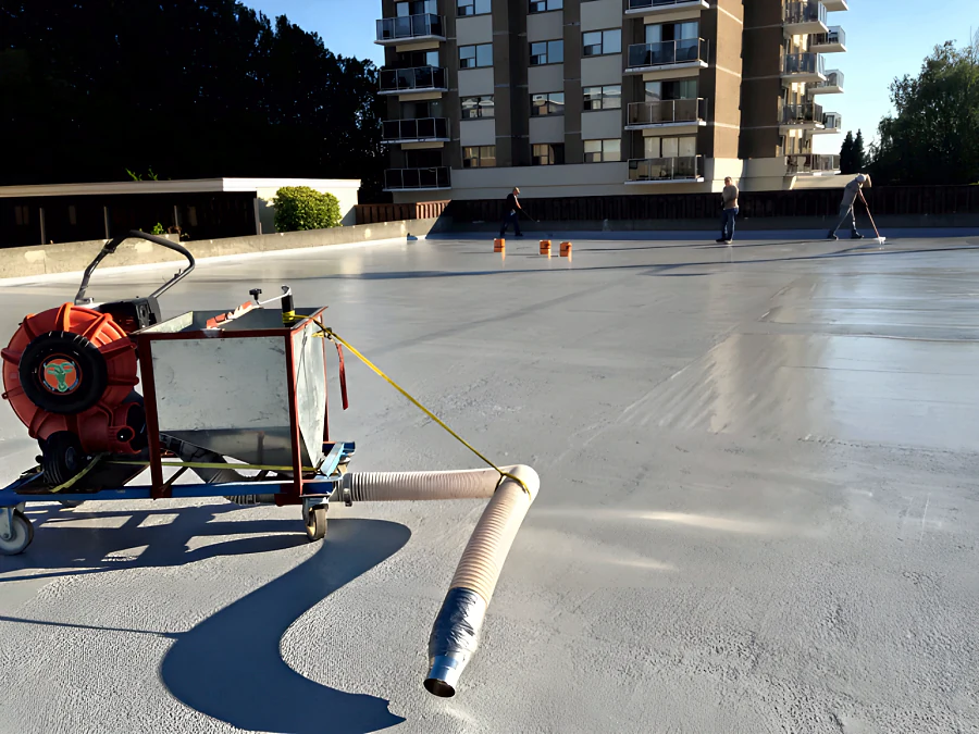 Blower-fed hopper for broadcasting aggregate on the exterior parkade deck in New Westminster, with the crew working the traffic coating beyond