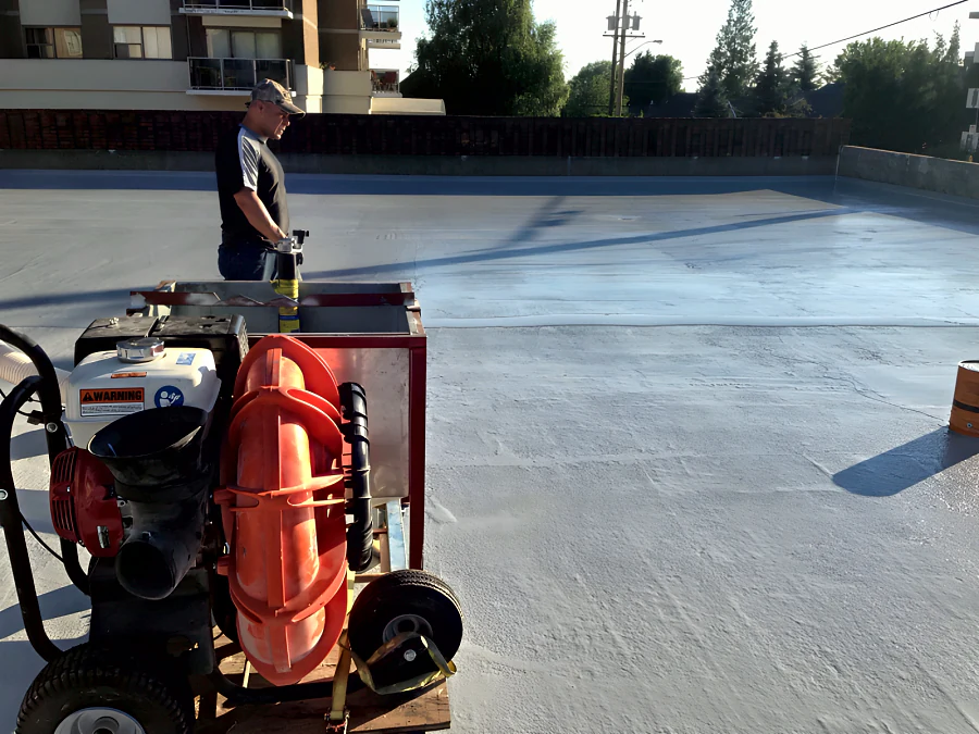The blower-fed hopper used for the aggregate broadcast on the New Westminster exterior parkade deck