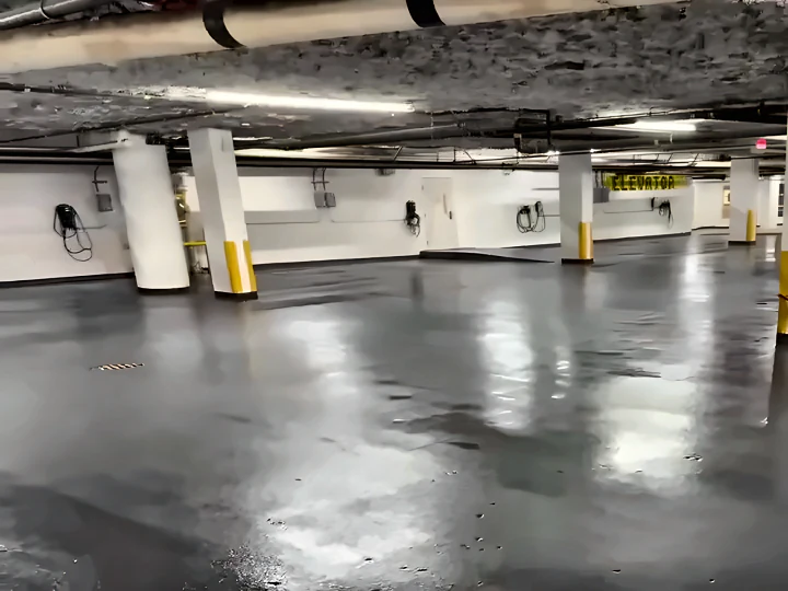 Glossy dark grey ResinTech TUE-FC across the Burnaby commercial parkade slab on grade, with yellow column guards