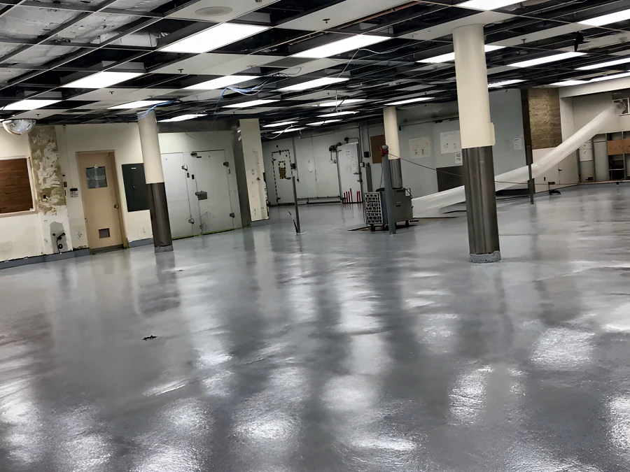 Glossy grey Eco Shop Floor across the commercial kitchen at Ridge Meadows Hospital