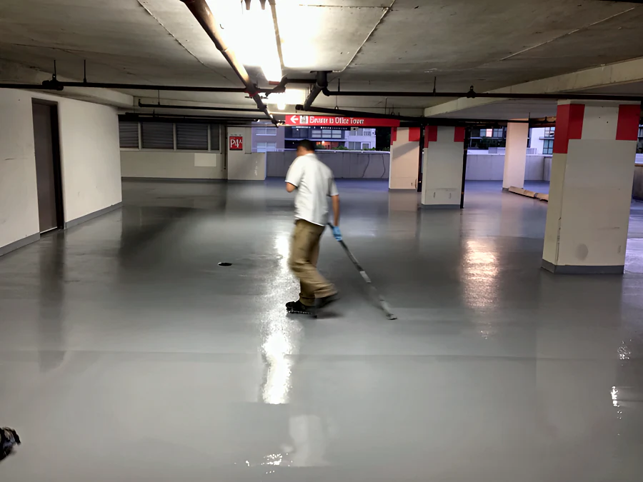 Installer spreading the traffic coating by squeegee across level P4A of the Three West Centre parkade, Richmond