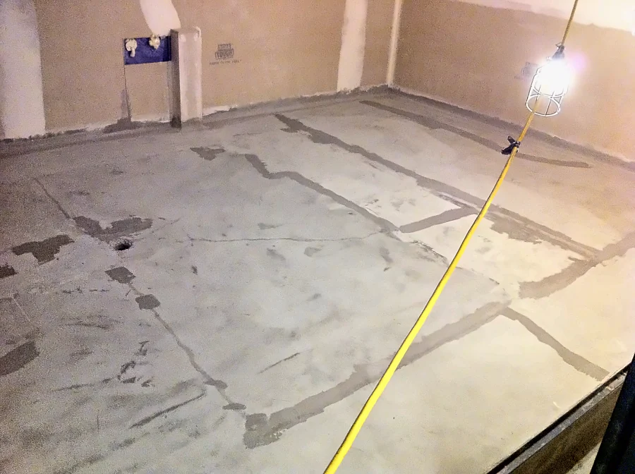A laboratory slab in the UBC Biological Sciences Building with its cracks and joints filled before coating