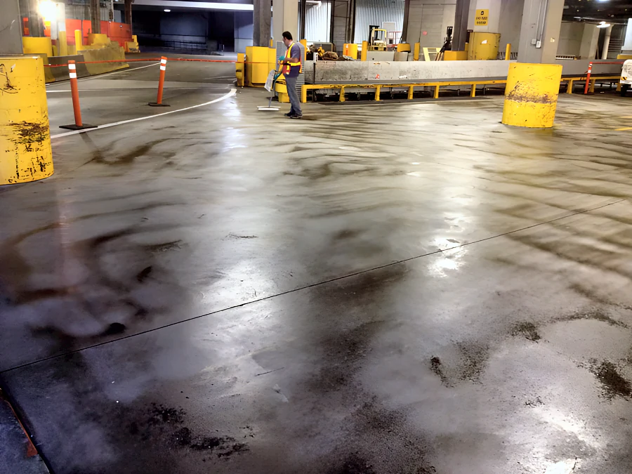 Sealer being spread over the shot-blasted concrete in a taped-off section of the YVR baggage handling area