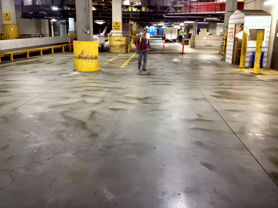 Crew member with an applicator after spreading sealer across the shot-blasted baggage hall floor at YVR in Richmond